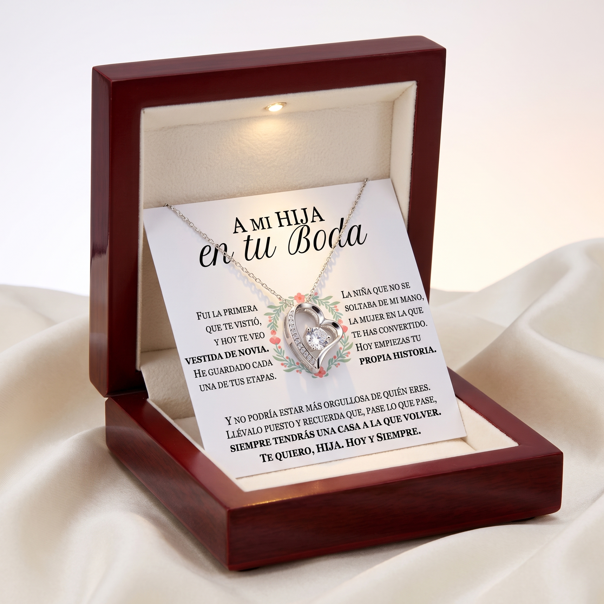 Collar Amor Eterno en su caja de madera con la dedicatoria de boda