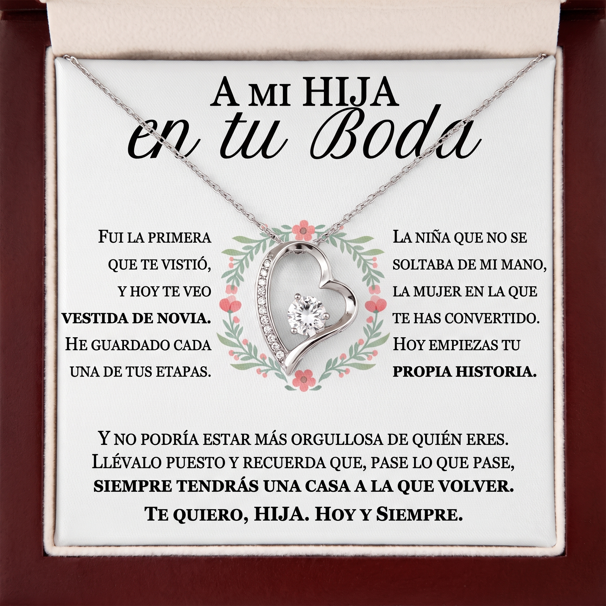 Dedicatoria de boda para hija, vista cenital dentro de la caja de madera con el colgante de corazon