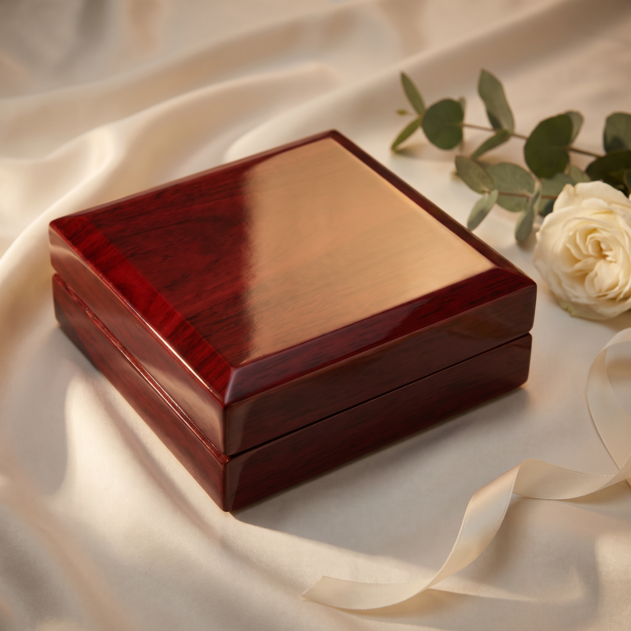 La caja de madera cerrada, lista para regalar