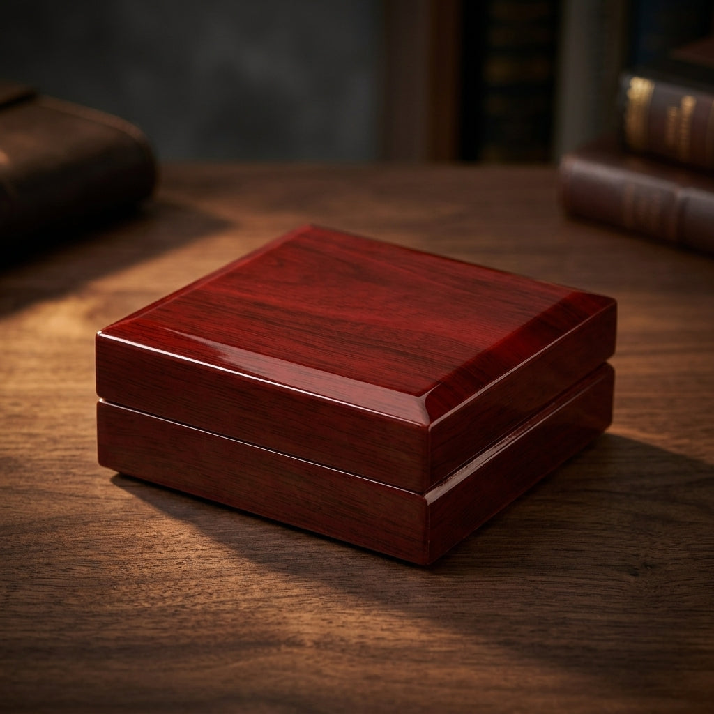 La caja de madera cerrada, lista para regalar